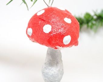 Vintage Czech Hand Made Pulp Paper Mache Mushroom Christmas Tree Ornament, Hand Painted