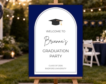Editable Dark Blue Graduation Party Welcome Sign, Class of 2026 Decor (Digital Download)
