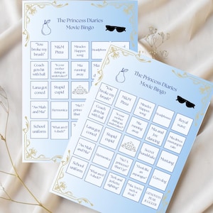 May include: Two light blue rectangular game cards titled The Princess Diaries Movie Bingo. Each card features a grid with text prompts, a pear icon, sunglasses icon, and gold corner flourishes. The text includes phrases like M&M Pizza, Royal wave, and School uniform.