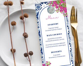 Bewerkbaar mediterraan Grieks menu blauwe tegels, vrijgezellenfeest, repetitiediner en feestmenu, (digitale download)