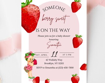 Editable Berry Sweet Baby Shower Invitation Template, Strawberry Printable (Editable Digital Download)