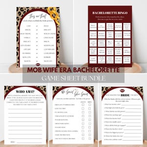 Peut inclure: Un ensemble de cinq feuilles de jeux pour enterrement de vie de jeune fille avec une bordure imprimé léopard, des arches rouge foncé et des accents de chaînes dorées. Les jeux incluent This or That, Bachelorette Bingo, Who Am I, He Said She Said.