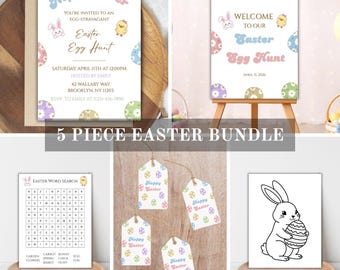 Editable Easter Egg Hunt Party Bundle, Invite, Welcome Sign, Games & Favor Tag (Canva Template)