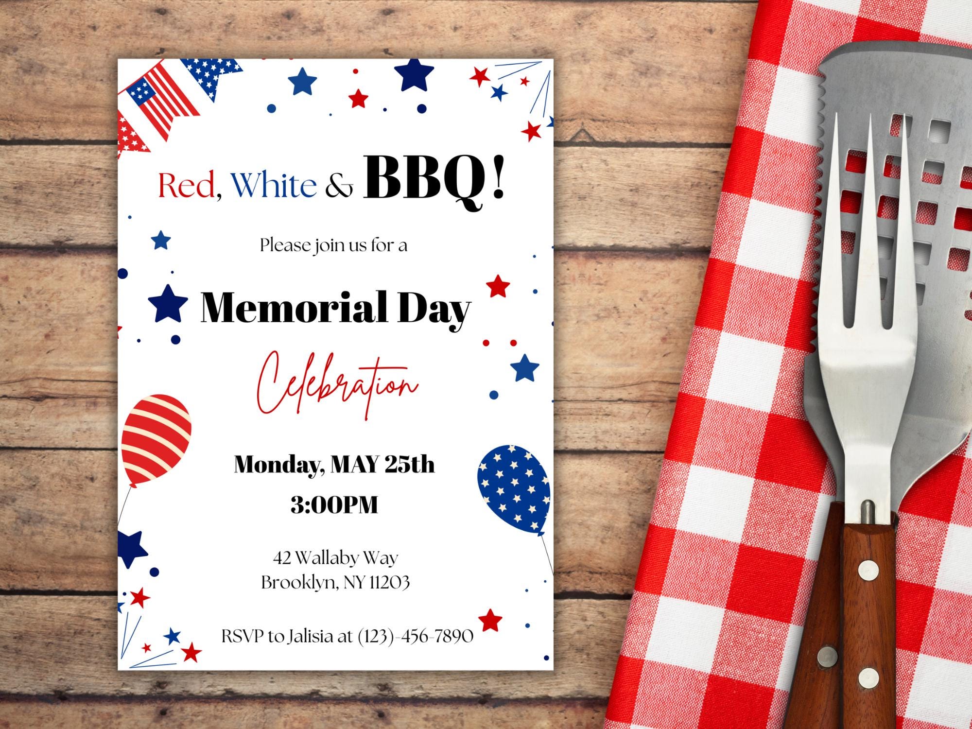 Editable Memorial Day BBQ Invitation, Patriotic Cookout Party Template ...