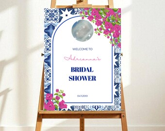 Editable Mediterranean Mamma Bridal Shower Welcome Sign, Greek Blue Tile Bougainvillea Party Decor (Digital Download)