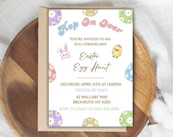 Easter Egg Hunt Invitation, Hop On Over Invite, Editable Canva Instant Download