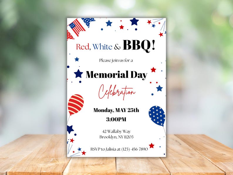 Editable Memorial Day BBQ Invitation, Patriotic Cookout Party Template ...