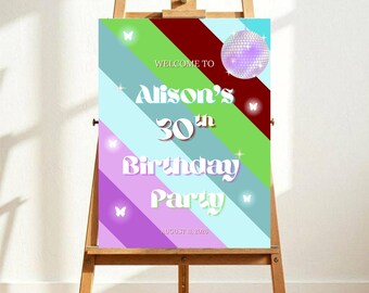 Editable Thirty Flirty and Thriving 30th Birthday Welcome Sign, Retro Disco Y2K Party Decor (Digital Download)