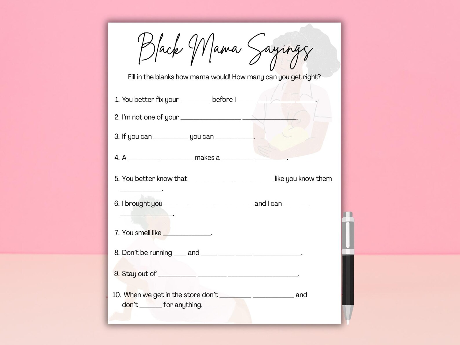 Black Mama Sayings Baby Shower Game, Fun Fill in the Blank Activity ...