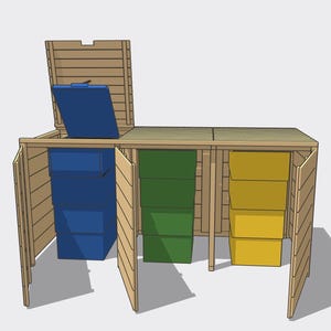 May include: A wooden triple bin storage unit featuring horizontal slats and three separate compartments. The left section has an open lid revealing a blue bin, while the center and right sections contain green and yellow bins respectively.