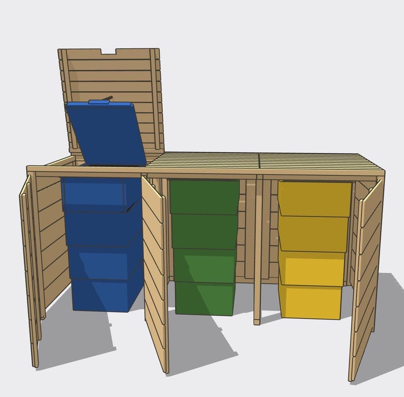 May include: A wooden triple bin storage unit featuring horizontal slats and three separate compartments. The left section has an open lid revealing a blue bin, while the center and right sections contain green and yellow bins respectively.