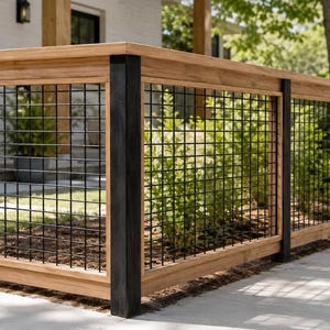 Op de afbeelding: Een houten reling met een natuurlijke lichtbruine afwerking en verticale zwarte palen. De structuur bevat een zwart metalen gaaspaneel met een rasterpatroon, omlijst door horizontale houten balken voor een stevige barrière.