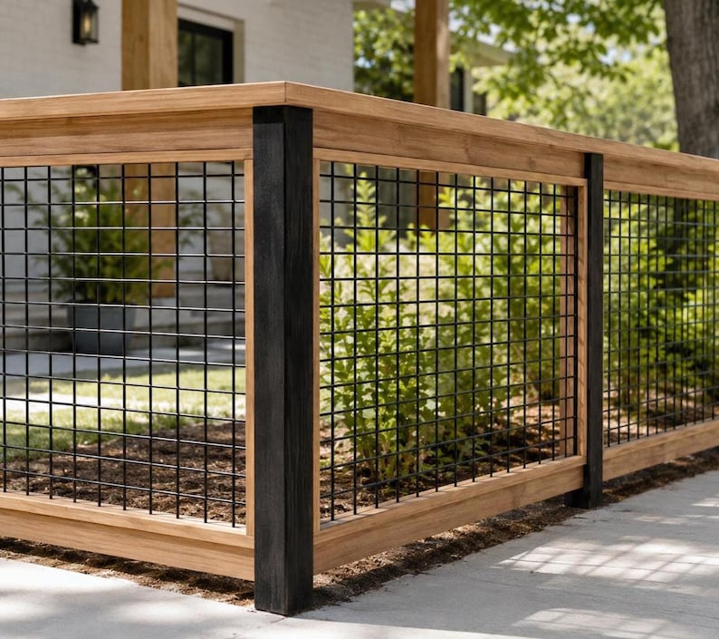 May include: A wooden fence featuring a natural light brown finish with vertical black posts and a black metal grid panel insert. The structure consists of horizontal wooden rails at the top and bottom, framing the square wire mesh sections.