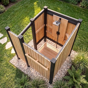 May include: An outdoor shower enclosure featuring vertical light-colored cedar wood planks framed by dark charcoal posts. The structure includes a slatted wood floor, a square matte black shower head, and a matching vertical pipe fixture.