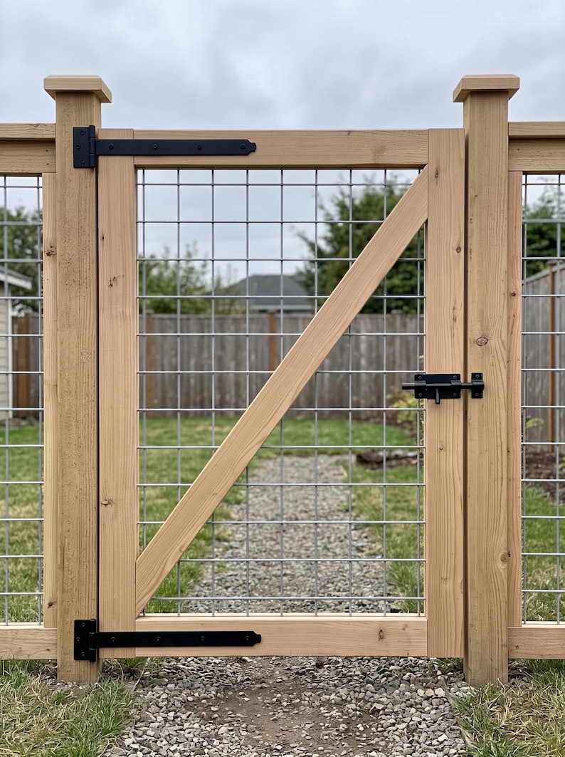 K&ouml;nnte beinhalten: Ein Holztor mit einem hellbraunen Zedernholzrahmen, einer diagonalen St&uuml;tzstrebe und einem silbernen Drahtgittereinsatz. Das Tor ist mit zwei schwarzen Metallscharnieren auf der linken Seite und einem schwarzen Metall-Schieberiegel ausgestattet.
