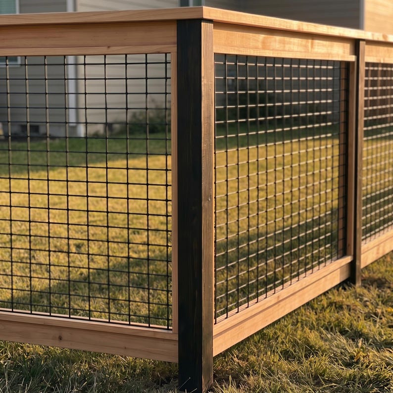 May include: A wooden fence section featuring a natural light brown horizontal frame and a dark stained vertical post. The structure incorporates a black metal wire grid panel with a square mesh pattern, creating a clean and structured barrier design.