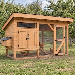 May include: A wooden chicken coop featuring a slanted black roof, a nesting box on the side, and a wire mesh enclosure. The structure includes a double-door entrance with black hardware, a side door, and a ramp for access to the interior area.