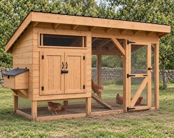 May include: A wooden chicken coop featuring a slanted black roof, a nesting box on the side, and a wire mesh enclosure. The structure includes a double-door entrance with black hardware, a side door, and a ramp for access to the interior area.