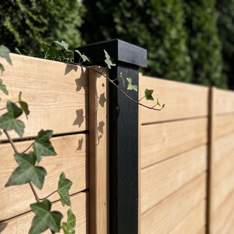 May include: A horizontal wood fence featuring light brown cedar planks and a vertical black post with a matching black square cap. A green ivy vine with small leaves grows across the front of the fence, casting shadows on the wood surface.