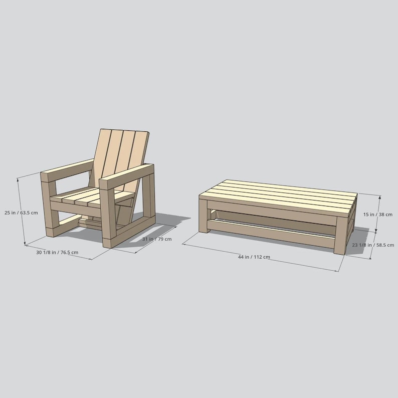 May include: A light-colored wooden chair and a matching rectangular coffee table. The chair measures 25 inches high and 30 1/8 inches deep. The table measures 15 inches high, 44 inches long, and 23 1/8 inches wide, as indicated by dimension lines.