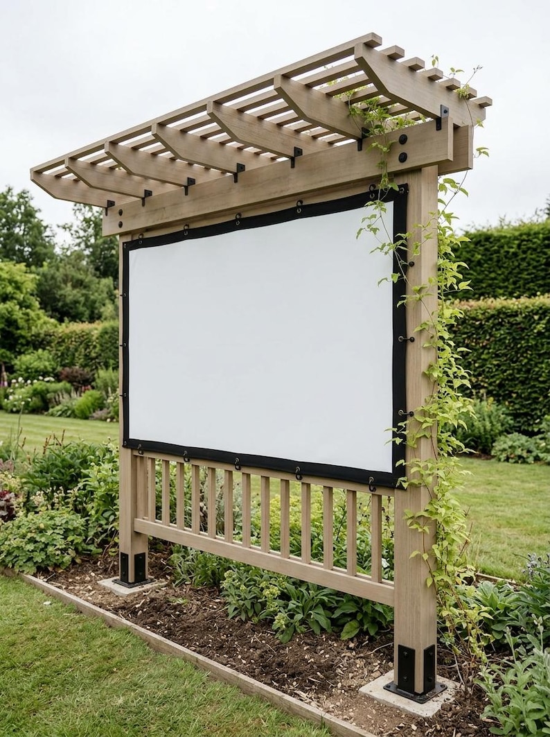 May include: A light brown wooden pergola structure featuring a large, rectangular white projection screen with a black border, secured by metal grommets and hooks, mounted between two vertical posts with black metal base supports.