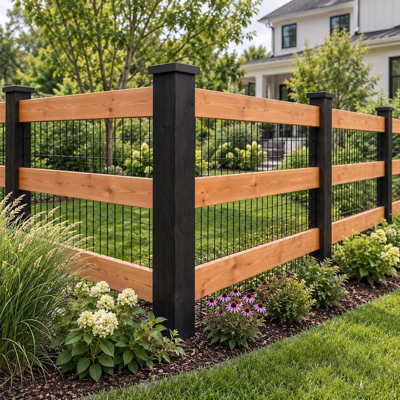 May include: A wooden fence featuring horizontal natural cedar planks and vertical black posts. The fence design incorporates a black wire grid panel between the wooden rails. The structure is positioned in a garden with green grass and shrubs.