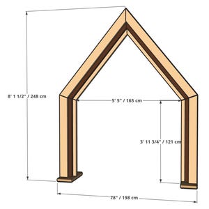 May include: A light-colored wooden A-frame archway with dark interior trim. The structure measures 8 feet 1 1/2 inches in total height, 78 inches in total width, with an interior opening width of 5 feet 5 inches and a height of 3 feet 11 3/4 inches.