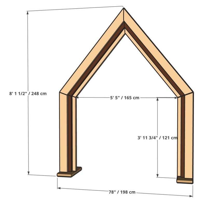May include: A light-colored wooden A-frame archway with dark interior trim. The structure measures 8 feet 1 1/2 inches in total height, 78 inches in total width, with an interior opening width of 5 feet 5 inches and a height of 3 feet 11 3/4 inches.