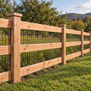 May include: A wooden fence featuring horizontal cedar planks and a black metal wire grid panel. The structure consists of sturdy vertical posts with square caps, creating a series of rectangular sections that enclose a grassy area.