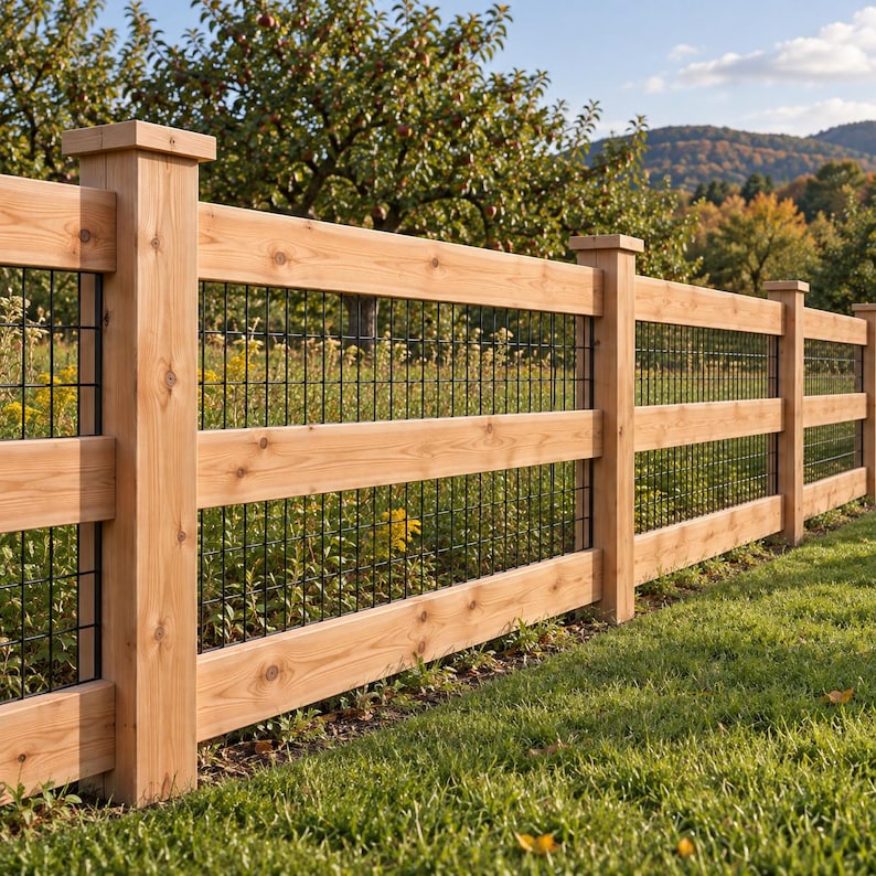May include: A wooden fence featuring horizontal cedar planks and a black metal wire grid panel. The structure consists of sturdy vertical posts with square caps, creating a series of rectangular sections that enclose a grassy area.