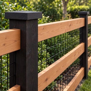 May include: A fence section featuring vertical black wooden posts with square caps and horizontal natural light brown wooden planks. A black metal wire grid mesh is installed between the posts and the wooden rails, creating a structured barrier.