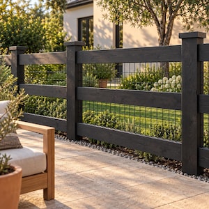 May include: A black wooden fence featuring horizontal planks and a grid-patterned wire mesh insert. The fence is constructed with sturdy vertical posts and a clean, linear design, providing a clear boundary between the patio and the garden.