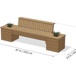 K&ouml;nnte beinhalten: Eine braune Holzbank mit integrierten Pflanzk&uuml;beln an beiden Enden. Die Bank ist 220 cm lang, 60 cm tief und 75 cm hoch, mit einer Sitzh&ouml;he von 45 cm. Das Design umfasst horizontale Holzlatten und zwei kleine gr&uuml;ne Pflanzen.