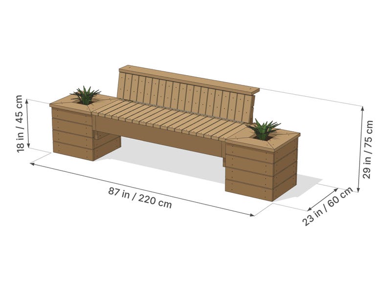 K&ouml;nnte beinhalten: Eine braune Holzbank mit integrierten Pflanzk&uuml;beln an beiden Enden. Die Bank ist 220 cm lang, 60 cm tief und 75 cm hoch, mit einer Sitzh&ouml;he von 45 cm. Das Design umfasst horizontale Holzlatten und zwei kleine gr&uuml;ne Pflanzen.