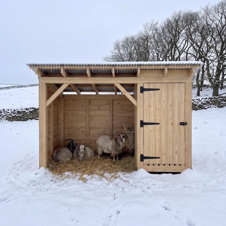 May include: A wooden animal shelter with a corrugated metal roof featuring icicles, an open-front section with straw bedding, and a closed storage compartment with a vertical plank door and black hinges, housing three goats in a snowy landscape.