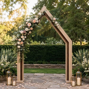 Könnte beinhalten: Ein fünfeckiger Hochzeitsbogen aus Holz mit einem hellen Eichenrahmen und einer dunklen Holzkante. Die linke Seite ist mit einem üppigen Arrangement aus pfirsichfarbenen und weißen Rosen, Grünpflanzen und Eukalyptus geschmückt. Vier goldene Laternen.