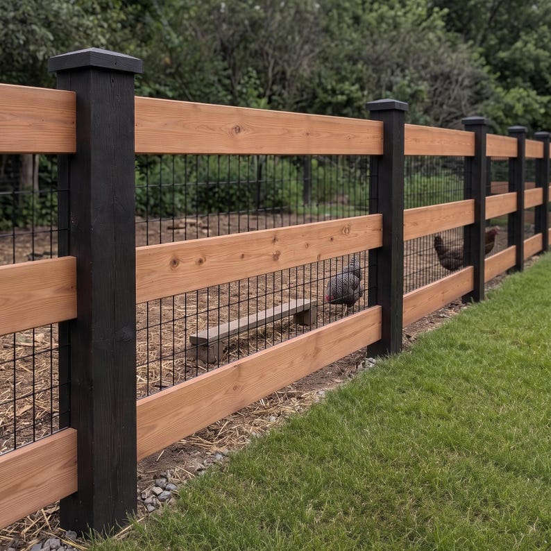 May include: A fence featuring horizontal natural wood planks and vertical black wooden posts. A black wire mesh grid is installed between the posts. Two chickens are visible inside the enclosed area behind the fence structure.