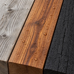May include: Three rectangular wooden beams placed side by side. The left beam is weathered gray, the center beam is a warm brown with visible wood grain and water droplets on the surface, and the right beam is charred black with a cracked texture.
