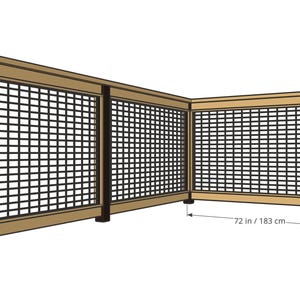 May include: An L-shaped wooden railing system with a black metal grid infill. The structure features dark brown vertical posts and light brown horizontal rails. Dimensions are clearly marked as 60 inches in height and 72 inches in length.