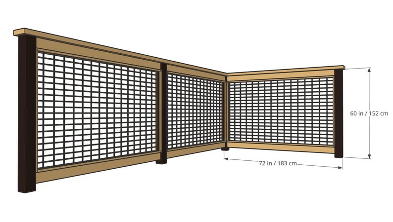 May include: An L-shaped wooden railing system with a black metal grid infill. The structure features dark brown vertical posts and light brown horizontal rails. Dimensions are clearly marked as 60 inches in height and 72 inches in length.