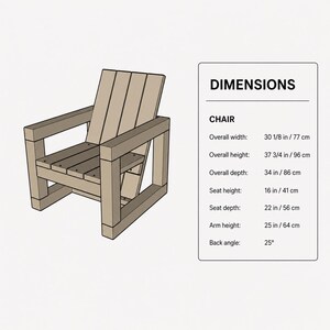 May include: A light brown wooden chair with a slatted back and seat. A chart lists dimensions: overall width 30 1/8 inches, height 37 3/4 inches, depth 34 inches, seat height 16 inches, seat depth 22 inches, arm height 25 inches, and back angle 25 degrees.