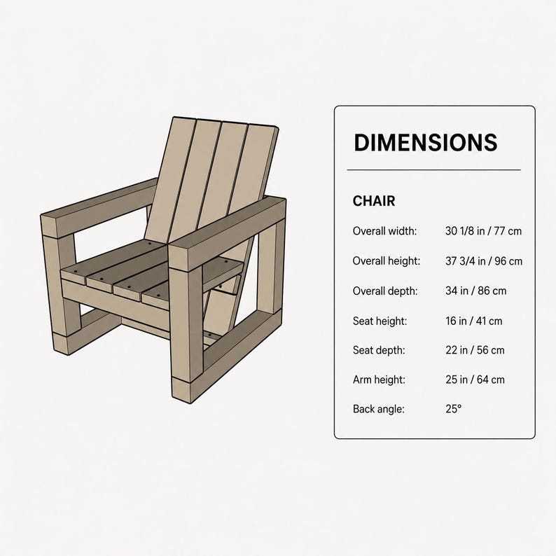 May include: A light brown wooden chair with a slatted back and seat. A chart lists dimensions: overall width 30 1/8 inches, height 37 3/4 inches, depth 34 inches, seat height 16 inches, seat depth 22 inches, arm height 25 inches, and back angle 25 degrees.