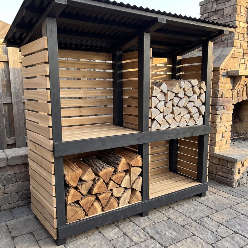 May include: A two-tier outdoor firewood storage rack featuring a black metal frame and a corrugated roof. The structure is built with horizontal natural wood slats, providing two separate compartments for stacking split logs on each level.