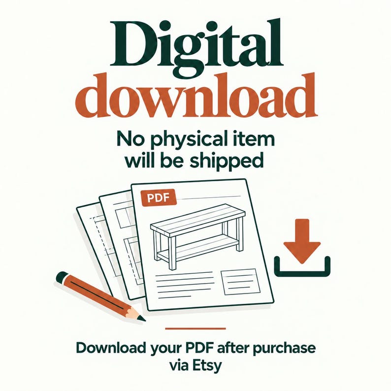May include: A digital download graphic featuring the text Digital download, No physical item will be shipped, and Download your PDF after purchase via Etsy. The image shows a stack of PDF documents with a bench illustration and a pencil.