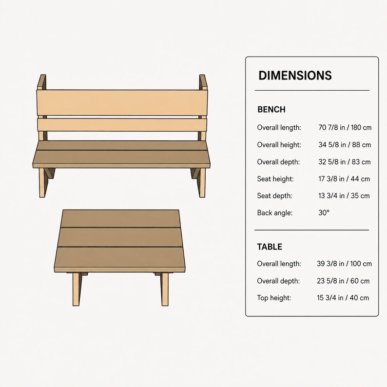 May include: A wooden bench and table set with a dimension chart. The bench has an overall length of 70 7/8 inches, height of 34 5/8 inches, and depth of 32 5/8 inches. The table has an overall length of 39 3/8 inches and depth of 23 5/8 inches.