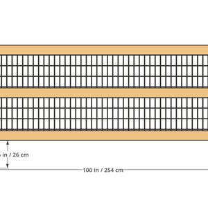 May include: A fence panel featuring two black vertical posts, three horizontal light-colored wooden rails, and a black wire mesh grid. The total height is 48 inches, width is 100 inches, with a 10.25-inch bottom gap and 12.5-inch rail spacing.