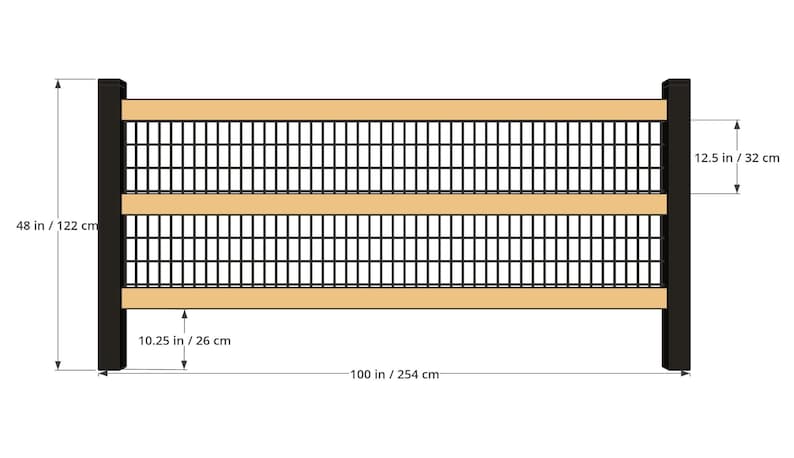 May include: A fence panel featuring two black vertical posts, three horizontal light-colored wooden rails, and a black wire mesh grid. The total height is 48 inches, width is 100 inches, with a 10.25-inch bottom gap and 12.5-inch rail spacing.