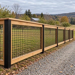 May include: A fence featuring natural light-colored wood horizontal rails and vertical black posts. The fence panels are filled with a black metal grid pattern, creating a structured barrier that separates the gravel path from the grassy field.