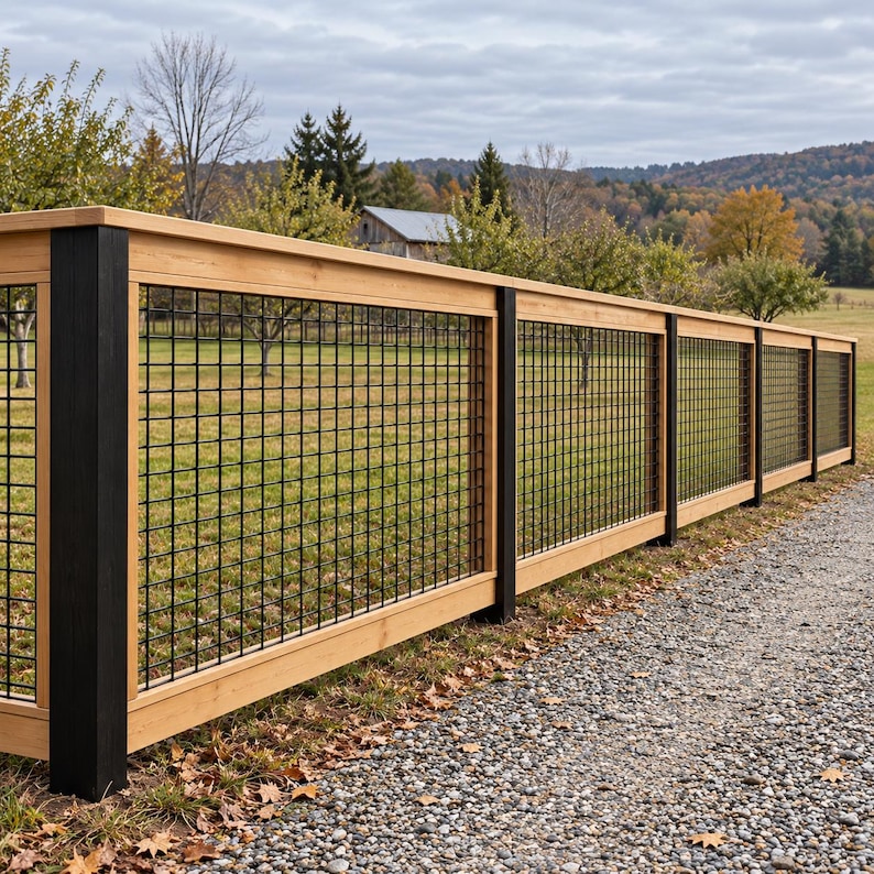 May include: A fence featuring natural light-colored wood horizontal rails and vertical black posts. The fence panels are filled with a black metal grid pattern, creating a structured barrier that separates the gravel path from the grassy field.