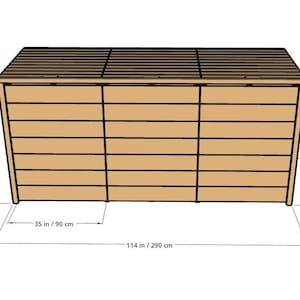 May include: A rectangular wooden storage bin with three hinged lids and horizontal slats. The unit measures 54 inches high, 114 inches wide, and 43 inches deep, with each of the three sections measuring 35 inches wide as indicated by labels.